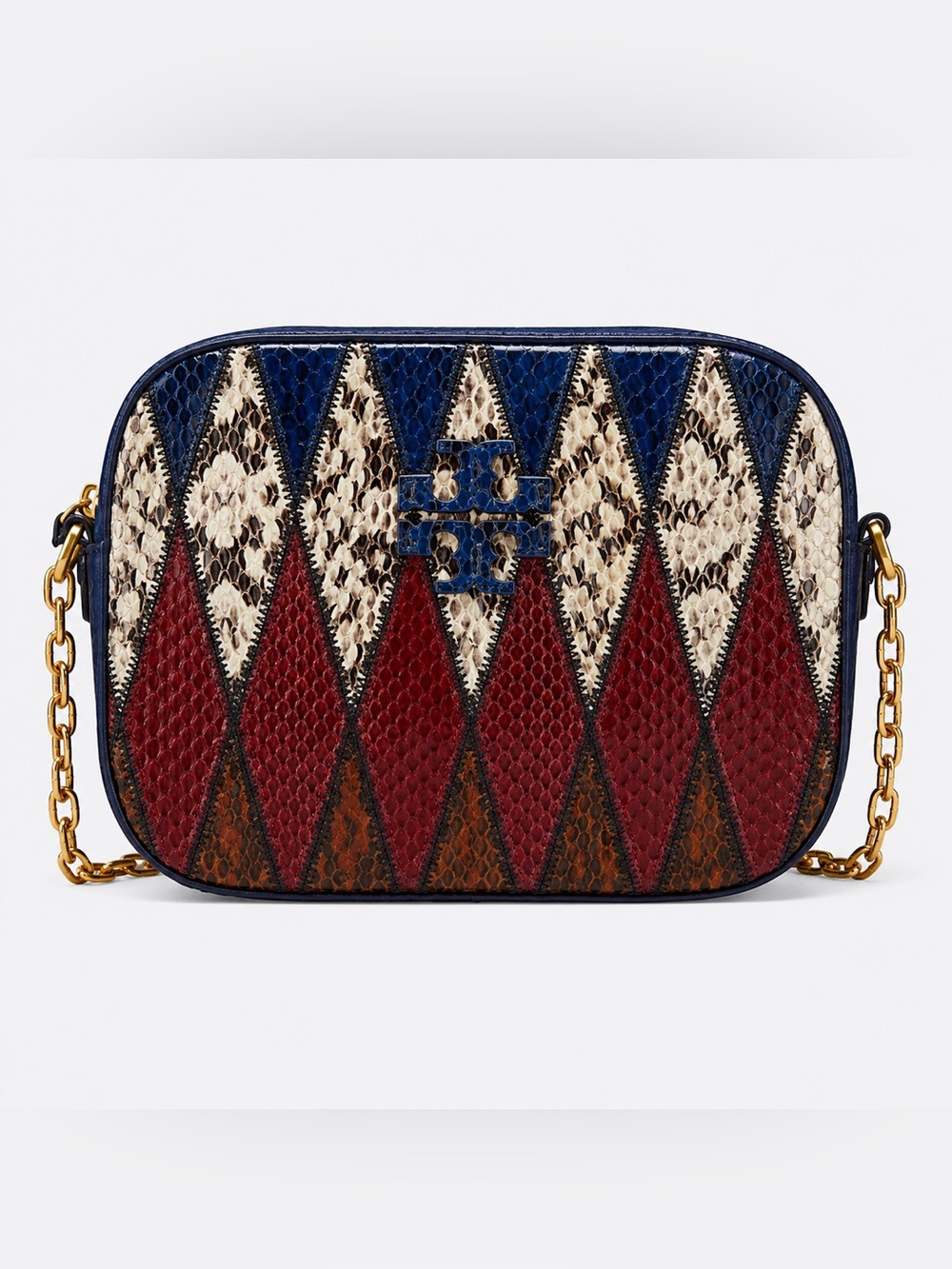 TORY BURCH McGraw Pieced Exotic Camera Bag Royal Navy Blue Snakeskin Crossbody